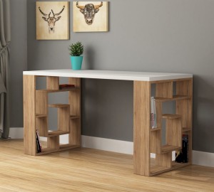 Designerskie biurko z półkami i grubym blatem dąb/biały
