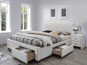 Białe łóżko z zagłówkiem ekosóra szuflady, stelaż drewno