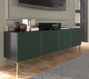 Elegancki stolik telewizyjny lamele zieleń ze złotym