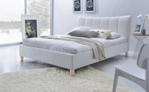 Białe łóżko z zagłówkiem ekoskóra 160x200