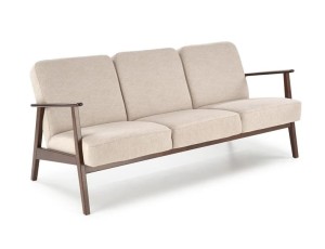 Drewniana sofa z beżową tapicerką retro