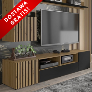 Długa lamelowa szafka pod tv dąb artisan z czarnym