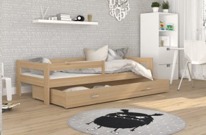 Drewniane łóżko dziecięce z barierką i szufladą sosna