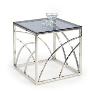 Kwadratowy stolik kawowy glam, szklany blat + srebrny stelaż