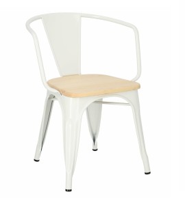 Industrialne białe krzesło metalowe z drewnianym siedziskiem