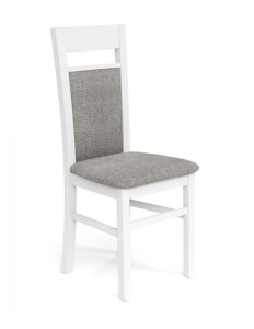 Białe drewniane krzesło z szarą tapicerką