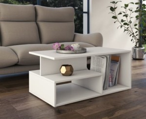 Nowoczesny biały stolik kawowy z półkami 90x51