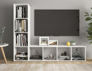 Biała szafka pod telewizor z półkami 142 cm