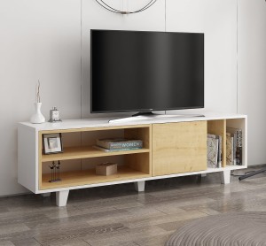 Biały stolik pod telewizor z dębowymi wstawkami 160 cm