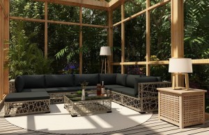 Duży zestaw wypoczynkowy na taras z poduszkami i stolikiem