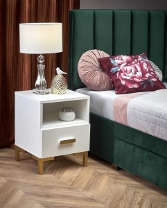 Biała szafka nocna z szufladą na złotych nóżkach glam