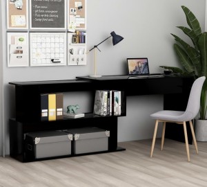 Czarne duże biurko narożne z półkami połysk