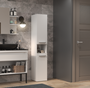 Biały wąski regał łazienkowy z koszem