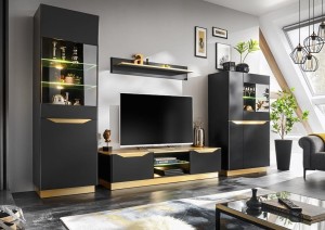 Nowoczesna czarna meblościanka ze złotym