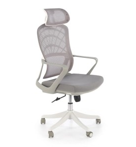 Szary fotel z podłokietnikami i zagłówkiem