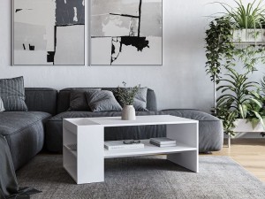 Biała ława do salonu z półkami