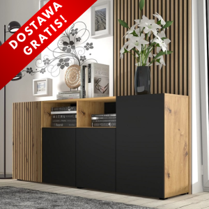 Elegancka długa komoda z półkami 180 cm artisan/czarny