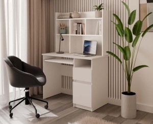 Białe biurko z szafką i nadstawką prawe