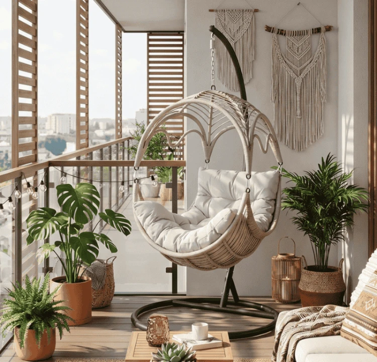 fotel-wiszący-w-stylu-boho-na-balkonie