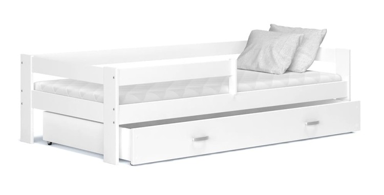 Białe-łóżko-dla-dzieci-z-szufladą-na-pościel-i-barierką