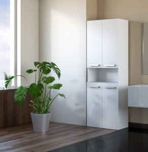 Biały regał łazienkowy z koszem na pranie