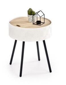 Okrągły biały stolik kawowy ze schowkiem