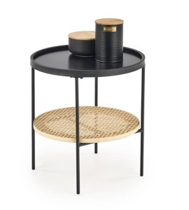 Czarny stolik kawowy okrągły nocny rattan loft