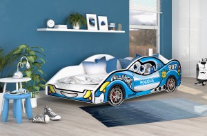 Łóżko z materacem auto policyjne niebieskie 180x90 cm