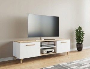 Biała szafka RTV, komoda pod telewizor na nóżkach scandi