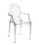 Transparentne krzesło z podłokietnikami, bezbarwny fotel