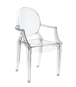 Transparentne krzesło z podłokietnikami, bezbarwny fotel