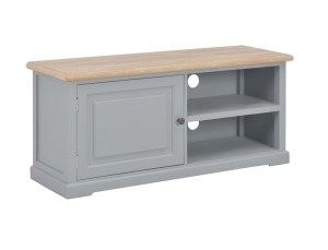 Szara szafka pod telewizor z drewnianym blatem retro