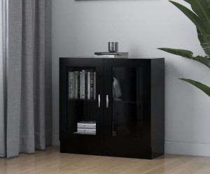 Czarna przeszklona szafka na książki, kieliszki