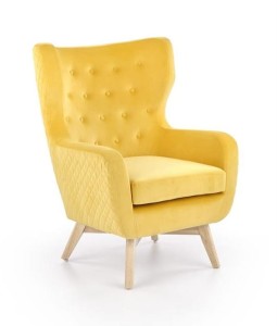 Żółty fotel wypoczynkowy uszak na drewnianych nóżkach