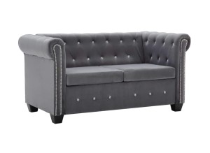 Szara aksamitna sofa z kryształkami w stylu glamour