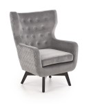 Pikowany fotel uszak velvet szary + drewniane nogi