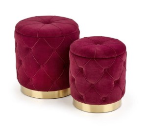 Zestaw dwóch okrągłych bordowych puf na złotej podstawie 