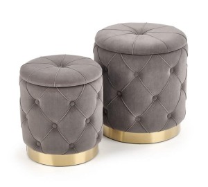 Szare pikowane pufy w komplecie, otwierane, styl glam