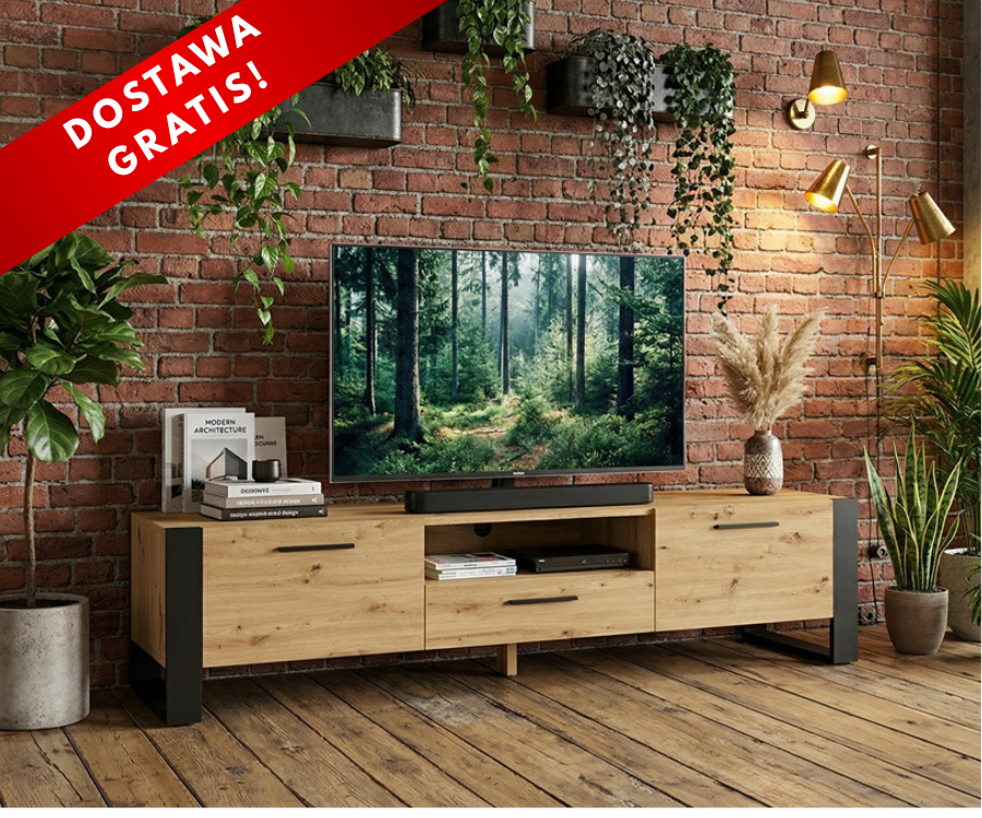 szafka-rtv-w-salonie-urządzonym-w-stylu-loft-na-tle-ściany-z-czerwonej-cegły